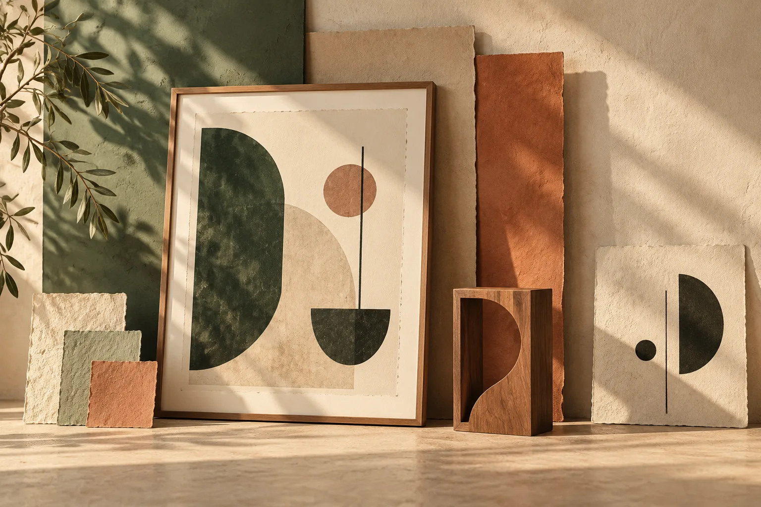 Ilustración curatorial de obra gráfica, papeles artesanales y una pequeña pieza escultórica de madera.