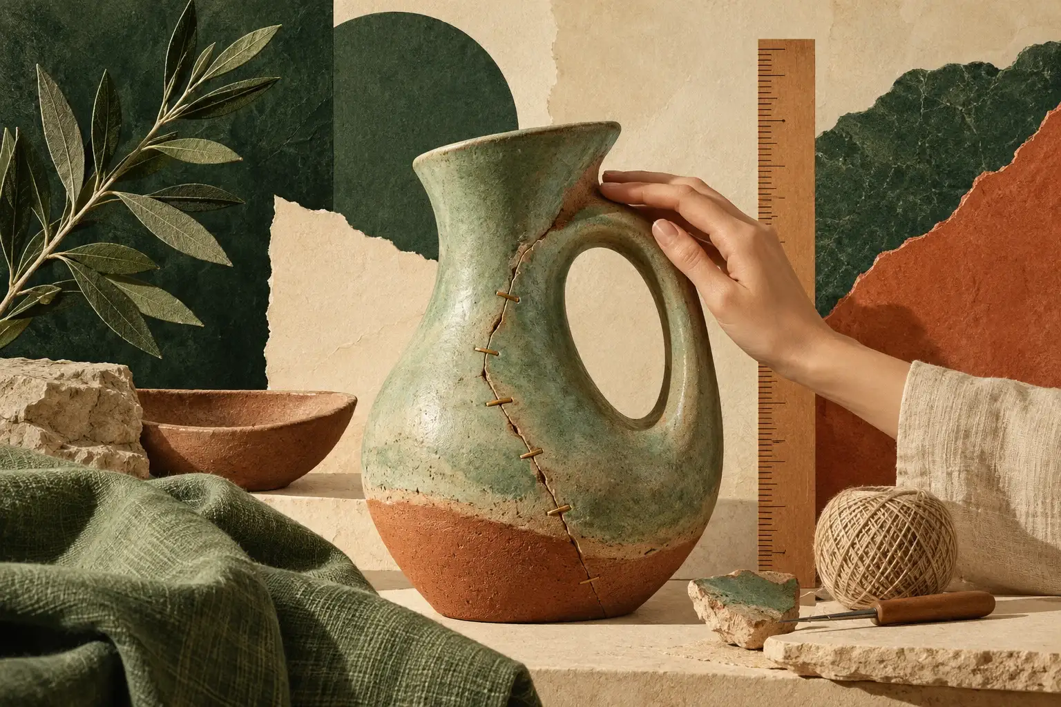 Ilustración curatorial de una pieza reparada entre materiales, tejidos y herramientas de medida.