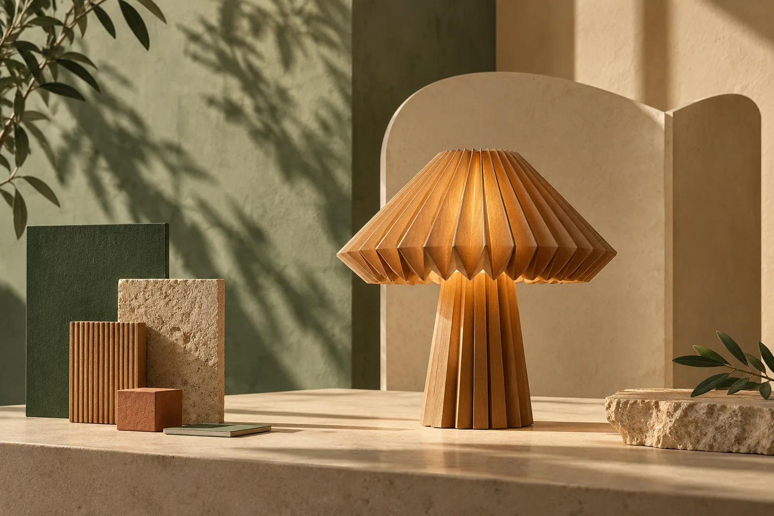 Ilustración curatorial de una luminaria escultórica de madera junto a muestras de materiales.