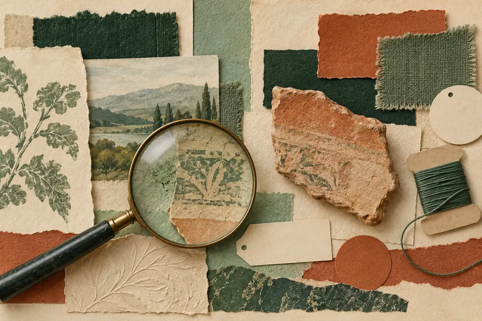 Ilustración curatorial de muestras de materiales observadas con una lupa.