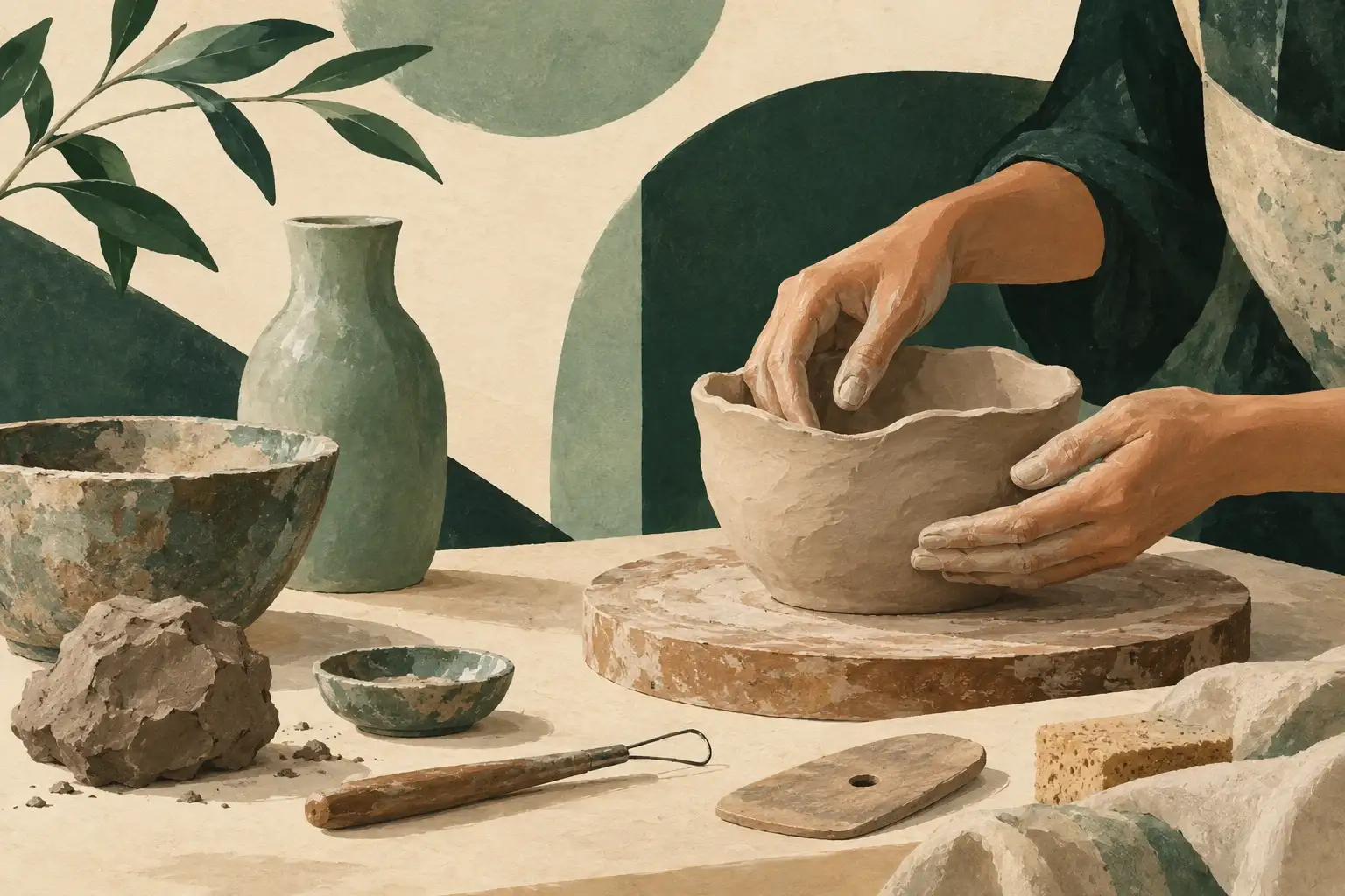 Ilustración curatorial de unas manos modelando arcilla en una mesa de oficio.