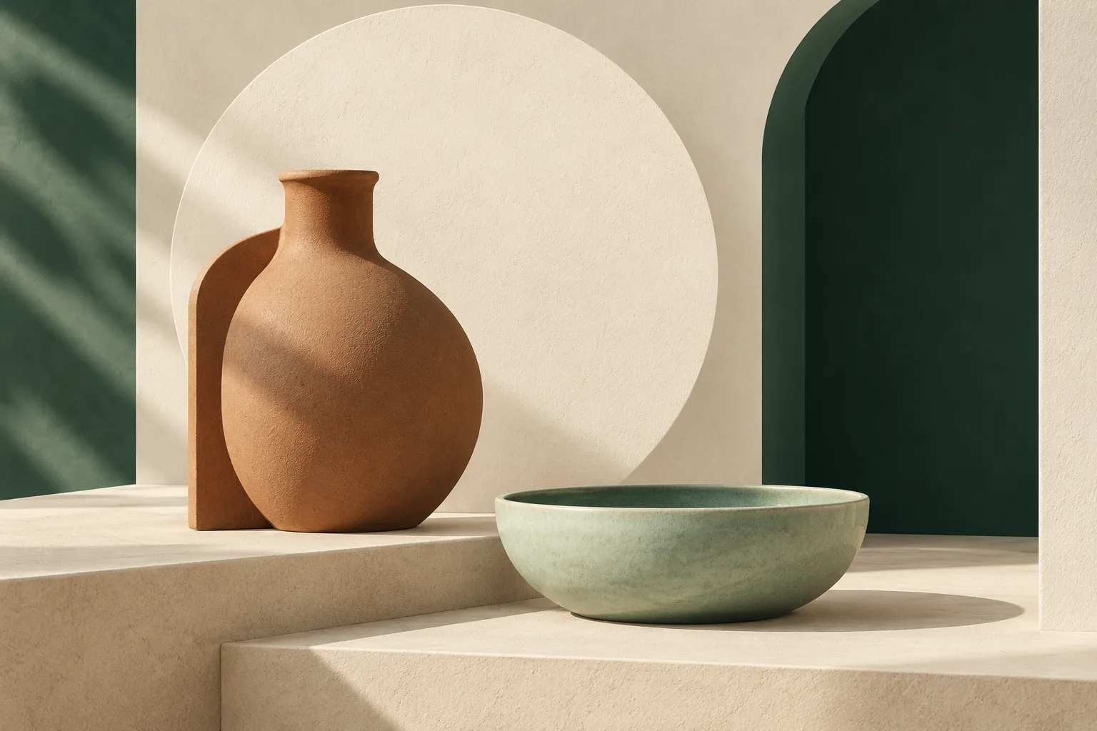 Ilustración curatorial de una vasija de arcilla y un cuenco celadón entre volúmenes de papel y verde profundo.