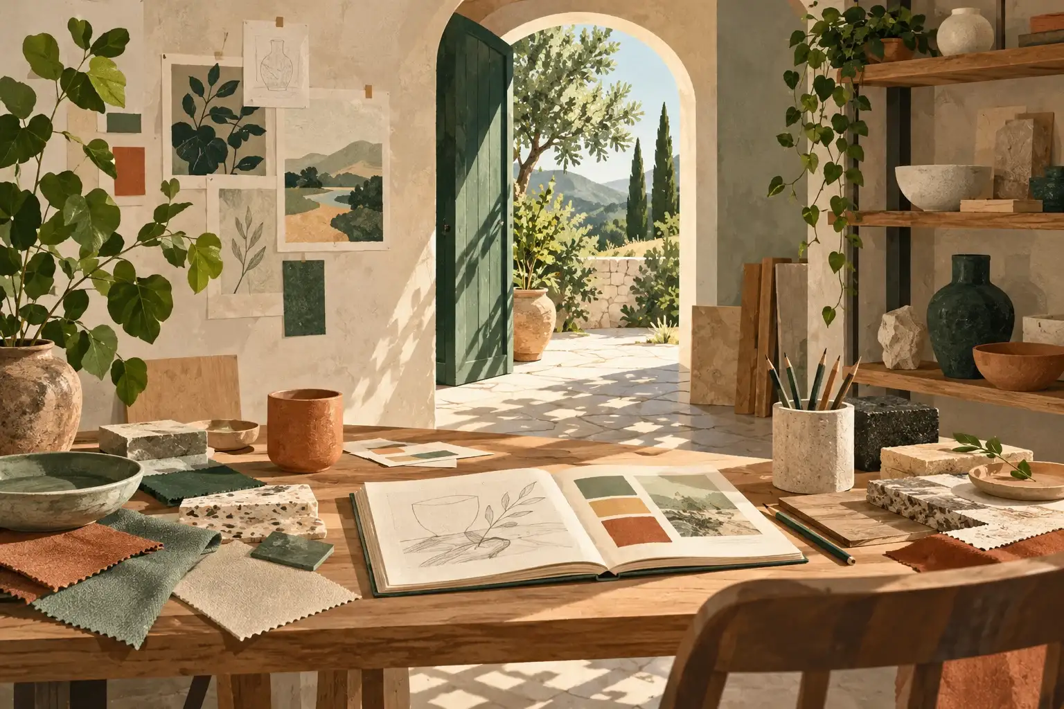 Ilustración curatorial de una mesa de estudio abierta a un paisaje mediterráneo.