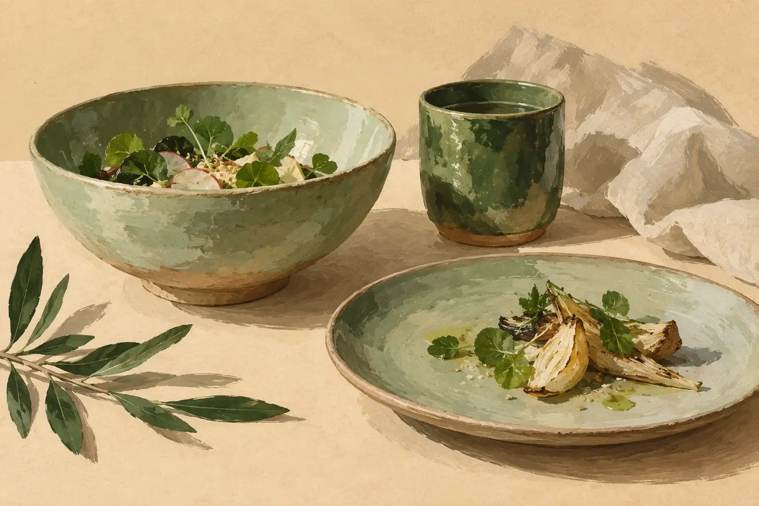 Ilustración curatorial de cuencos, plato y vaso de cerámica dispuestos sobre una mesa.