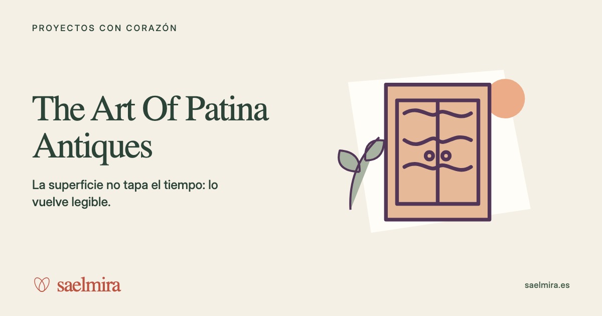 Ilustración de The Art Of Patina Antiques con su nombre y la firma de Saelmira.
